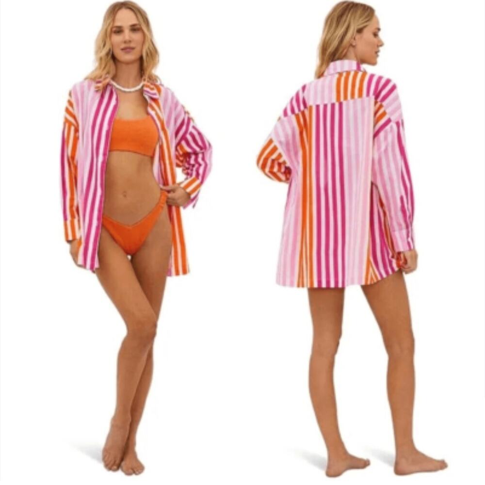 Beach Riot Alexa Striped Long Sleeve Cover Up Shirt Sunset Pink Orange Size L/XL